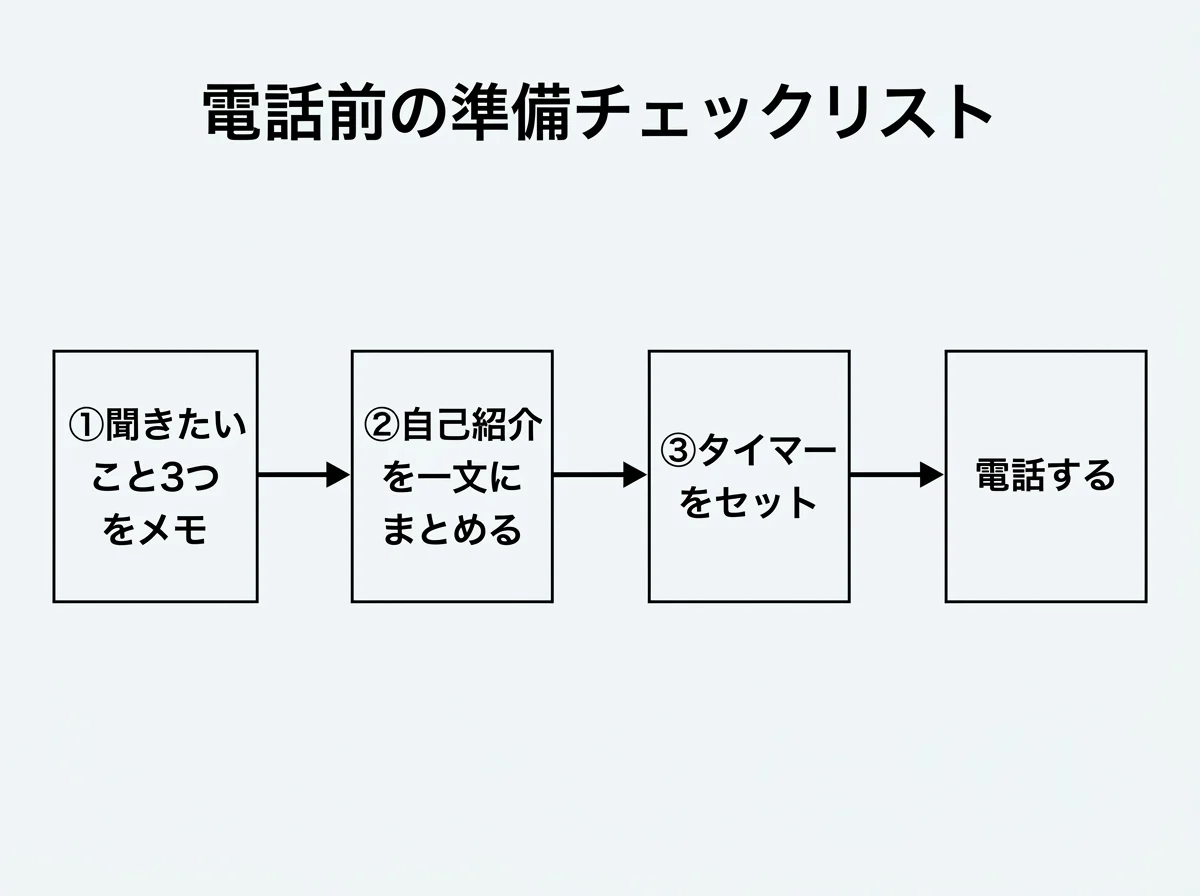 [図解] 電話前の準備チェックリスト：①聞きたいこと3つをメモ→②自己紹介を一文にまとめる→③タイマーをセット→電話する、の4ステップを左から右に矢印で繋いだフロー図